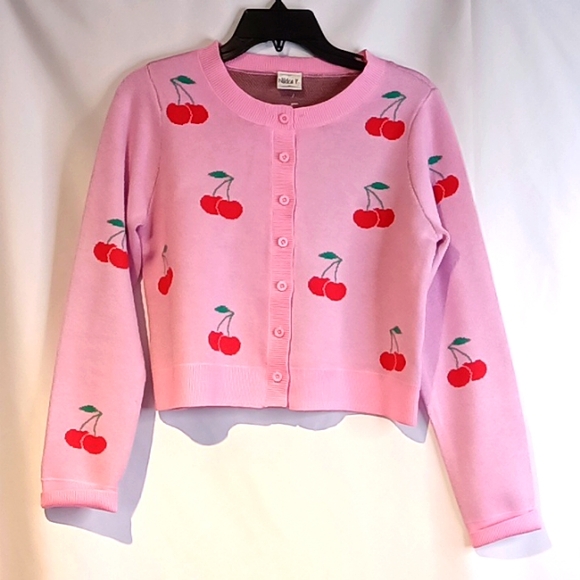 PINK Button Down Cardigan w/🍒🍒🍒 - Picture 6 of 14